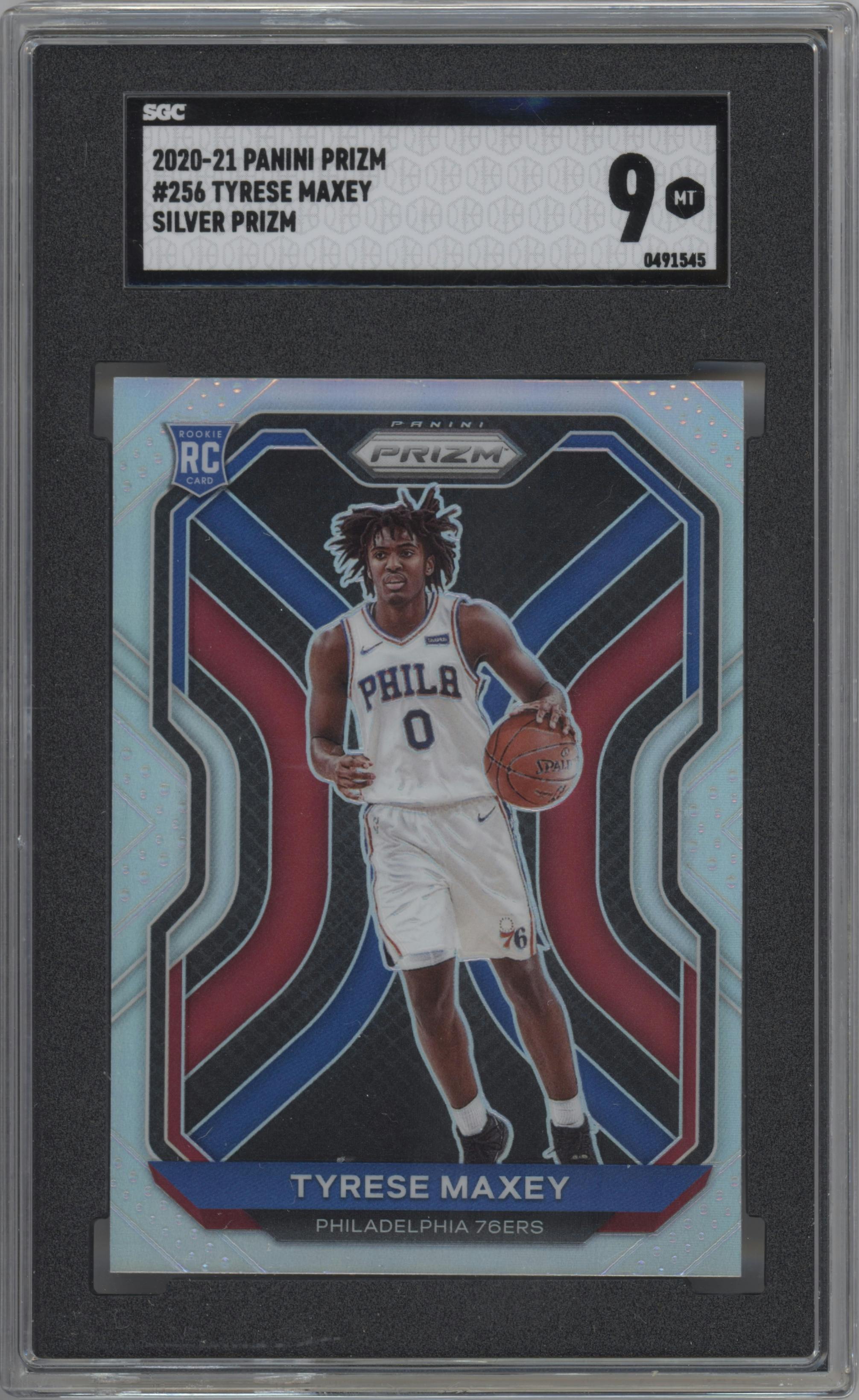 Tyrese Maxey from the 2020-21 Panini Prizm set featuring a Silver Prizm parallel graded by SGC and given an overall grade of 9.
