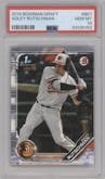 Adley Rutschman from the 2019 Bowman Draft set graded by PSA and given an overall grade of 10.
