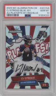 CJ Stroud from the 2023 Wild Card Alumination Limited Edition CJ Stroud Comix set featuring a White1 Red/Blue parallel graded by PSA and given an overall grade of 10.