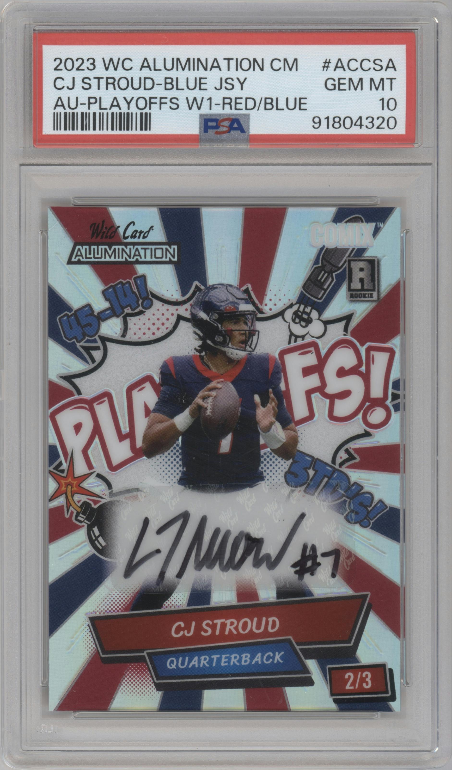 CJ Stroud from the 2023 Wild Card Alumination Limited Edition CJ Stroud Comix set featuring a White1 Red/Blue parallel graded by PSA and given an overall grade of 10.