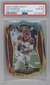 Joe Burrow from the 2020 Panini Select set featuring a Die-Cut Tie-Dye parallel graded by PSA and given an overall grade of 10.