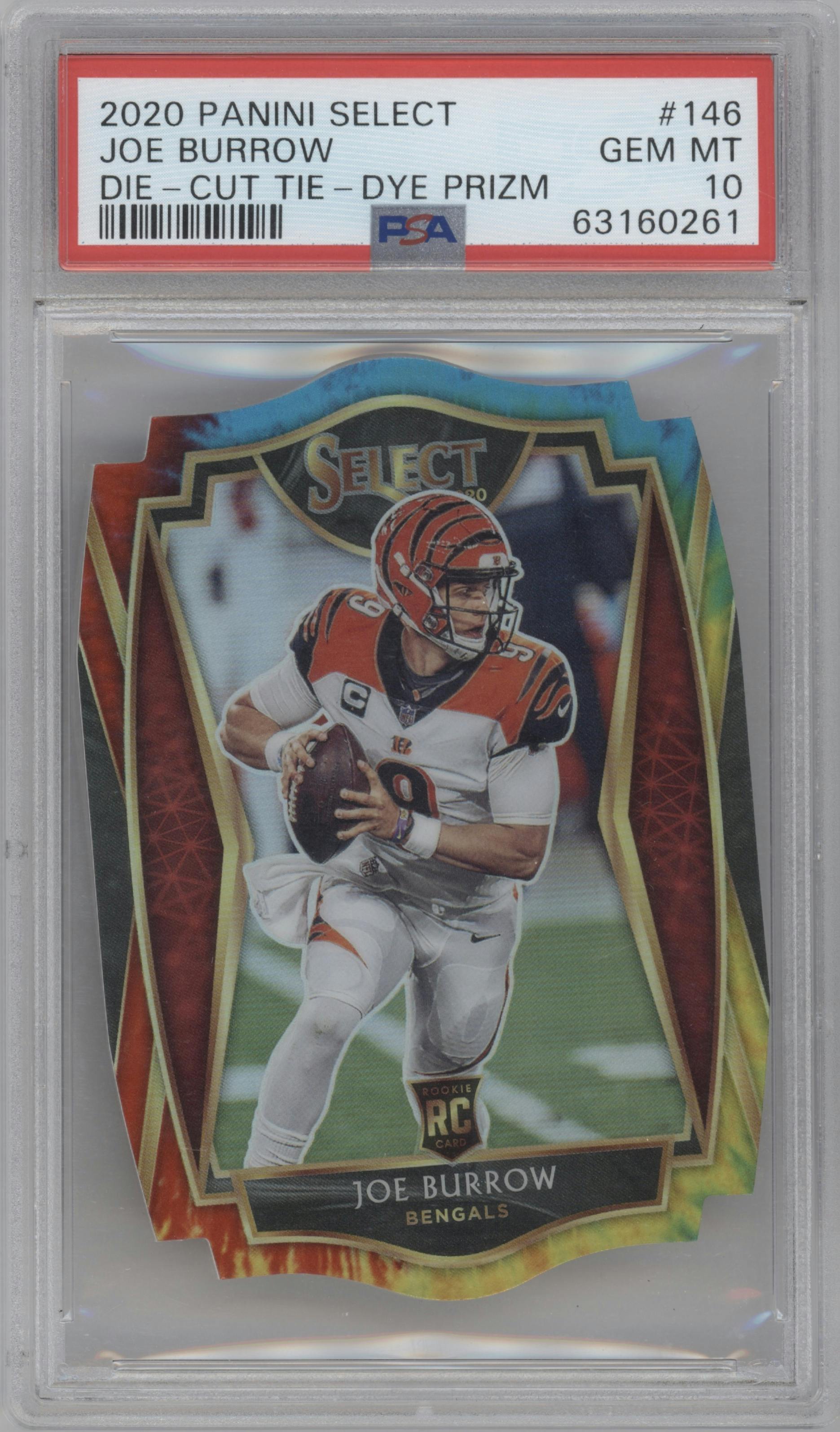 Joe Burrow from the 2020 Panini Select set featuring a Die-Cut Tie-Dye parallel graded by PSA and given an overall grade of 10.