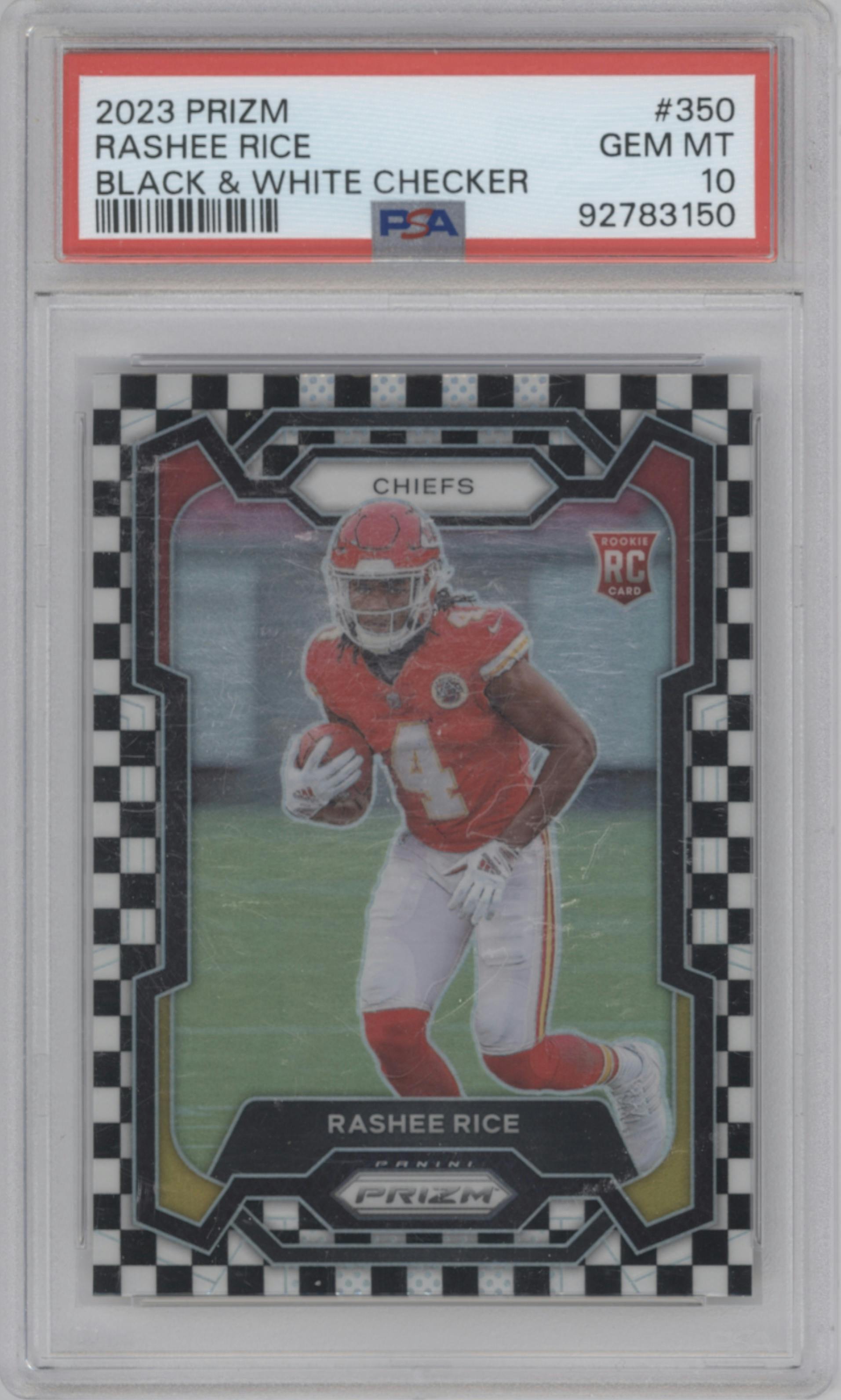 Rashee Rice from the 2023 Panini Prizm set featuring a Black/White Checker parallel graded by PSA and given an overall grade of 10.