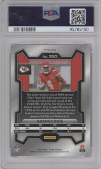 Rashee Rice from the 2023 Panini Prizm set featuring a Black/White Checker parallel graded by PSA and given an overall grade of 10.