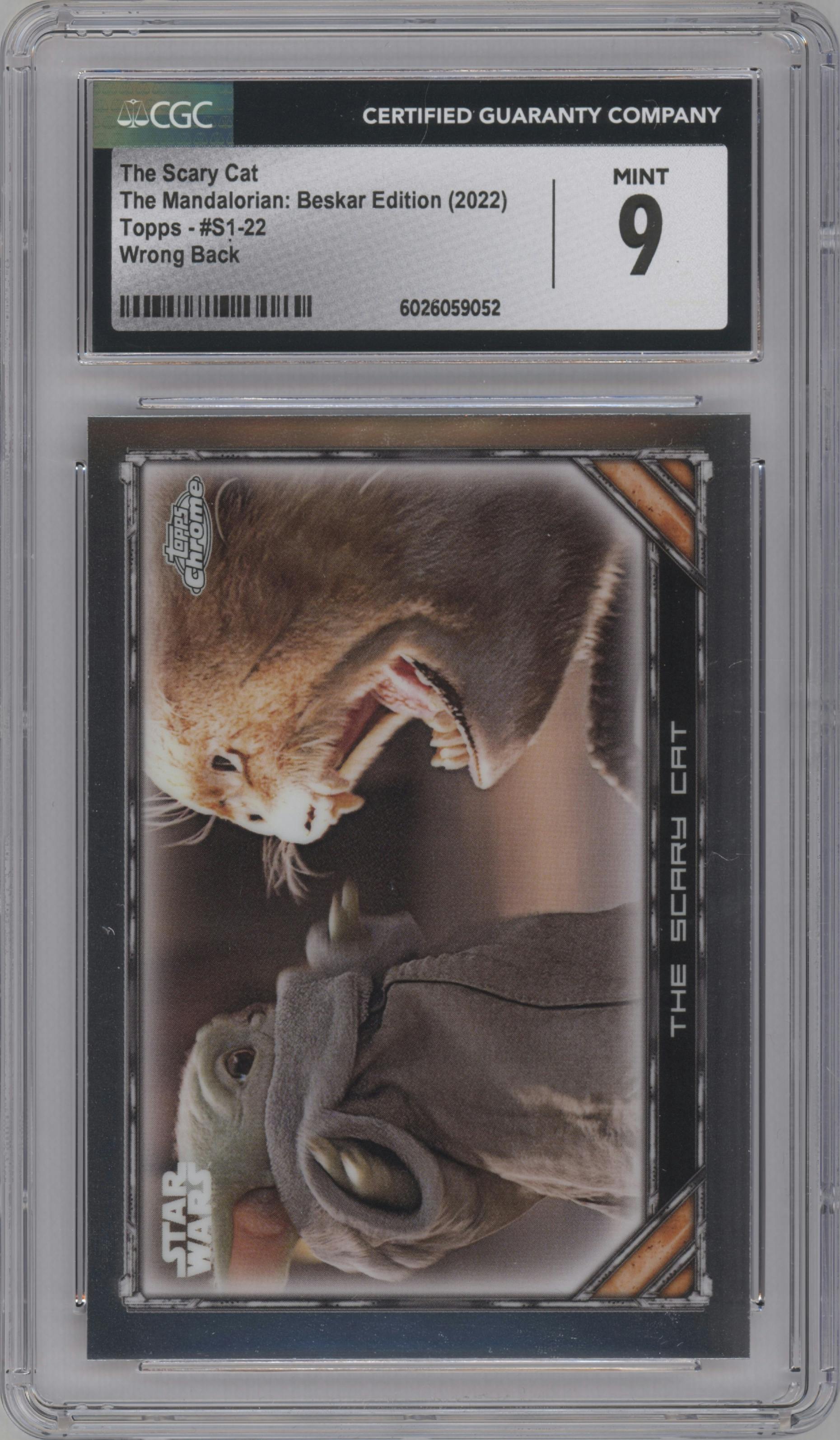 The Scary Cat from the 2022 Topps Chrome Star Wars The Mandalorian Beskar Edition set featuring a Wrong Back parallel graded by CSG and given an overall grade of 9.