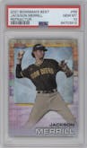 Jackson Merrill from the 2021 Bowman’s Best set featuring a Refractor parallel graded by PSA and given an overall grade of 10.
