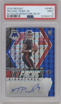 Michael Penix Jr. from the 2024 Panini Mosaic set featuring a Blue parallel graded by PSA and given an overall grade of 9.