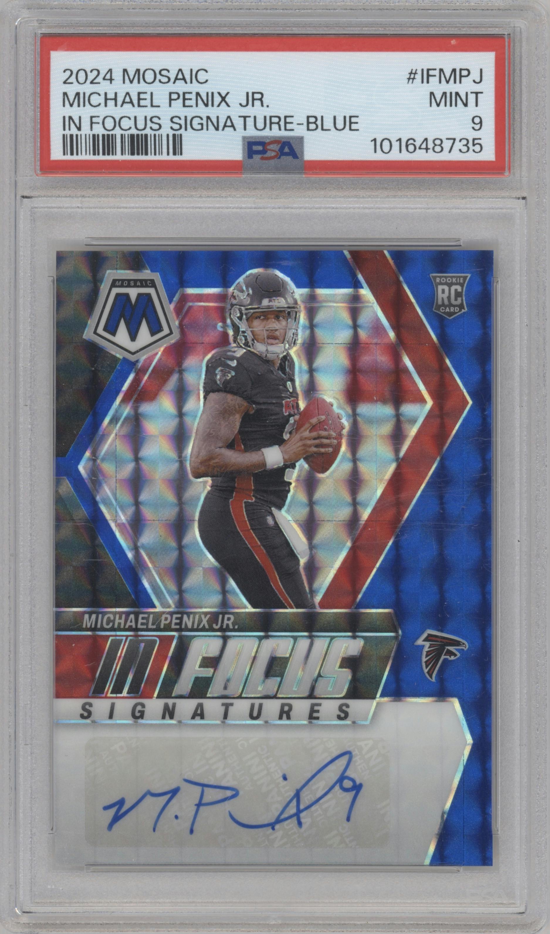 Michael Penix Jr. from the 2024 Panini Mosaic set featuring a Blue parallel graded by PSA and given an overall grade of 9.