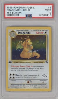 Dragonite from the 1999 Pokemon set graded by PSA and given an overall grade of 9.