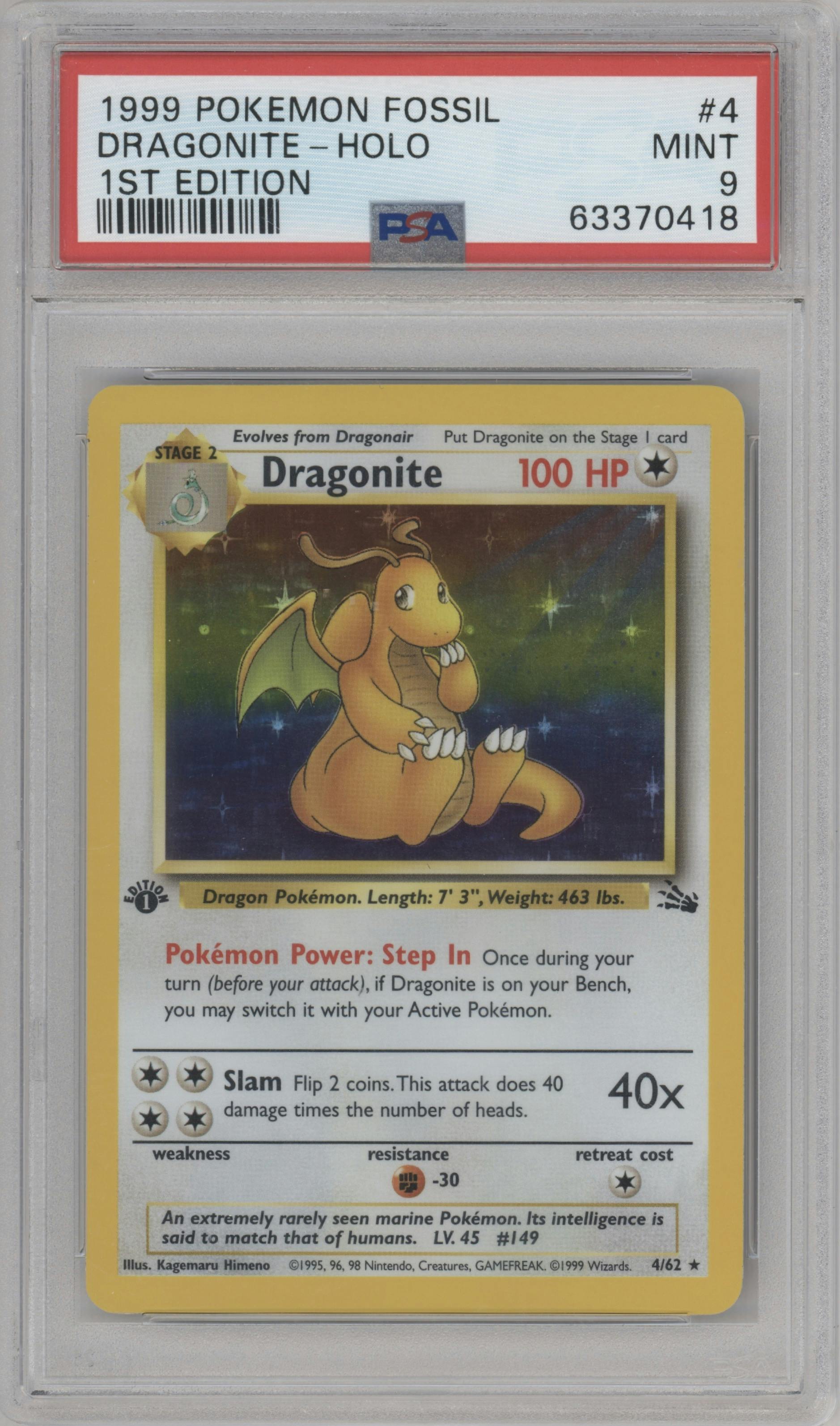 Dragonite from the 1999 Pokemon set graded by PSA and given an overall grade of 9.