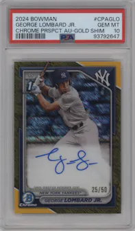 George Lombard Jr. from the 2024 Bowman set featuring a Gold Shimmer Refractor parallel graded by PSA and given an overall grade of 10.