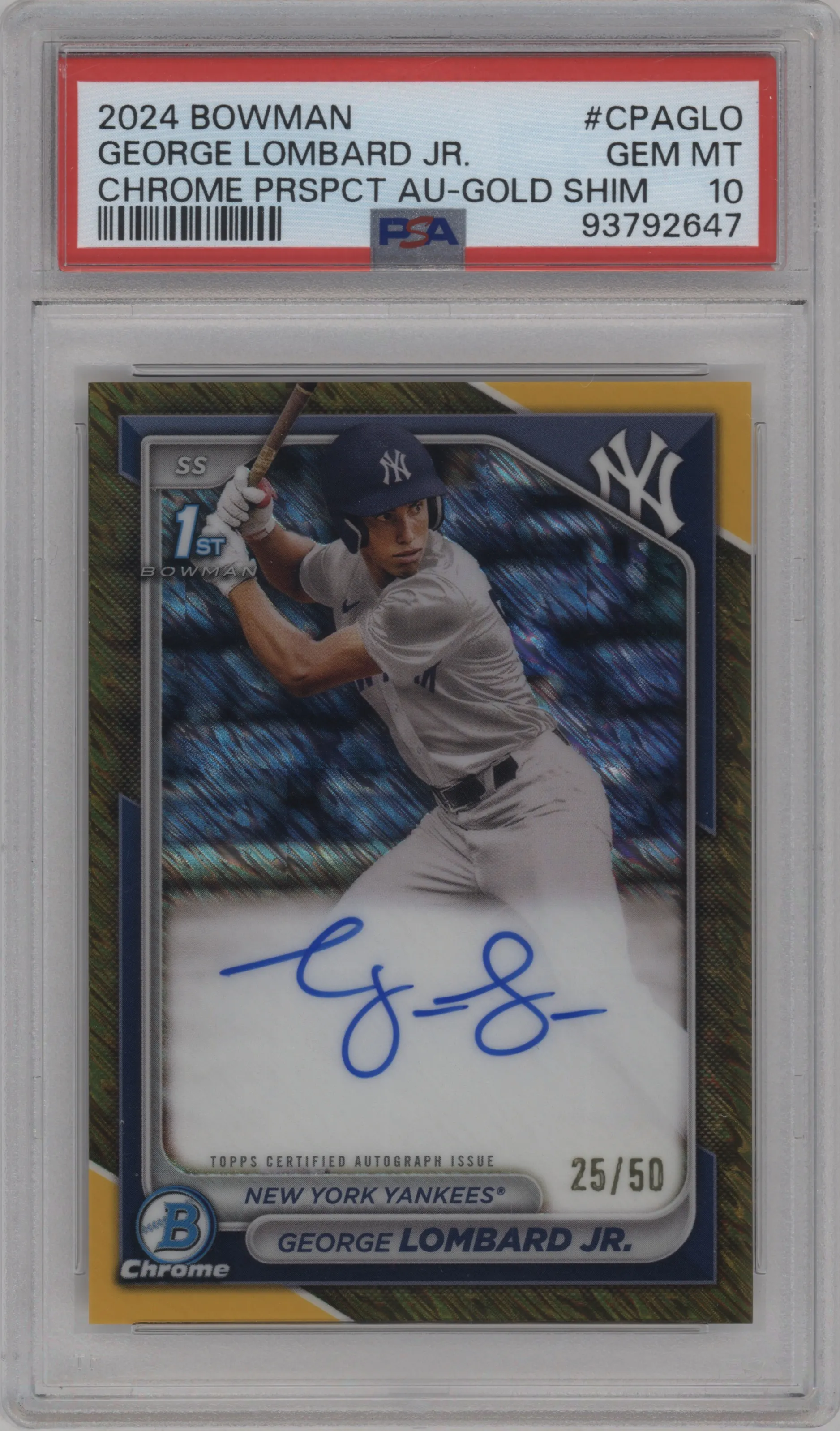 George Lombard Jr. from the 2024 Bowman set featuring a Gold Shimmer Refractor parallel graded by PSA and given an overall grade of 10.