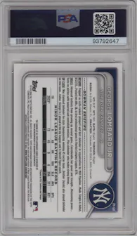 George Lombard Jr. from the 2024 Bowman set featuring a Gold Shimmer Refractor parallel graded by PSA and given an overall grade of 10.