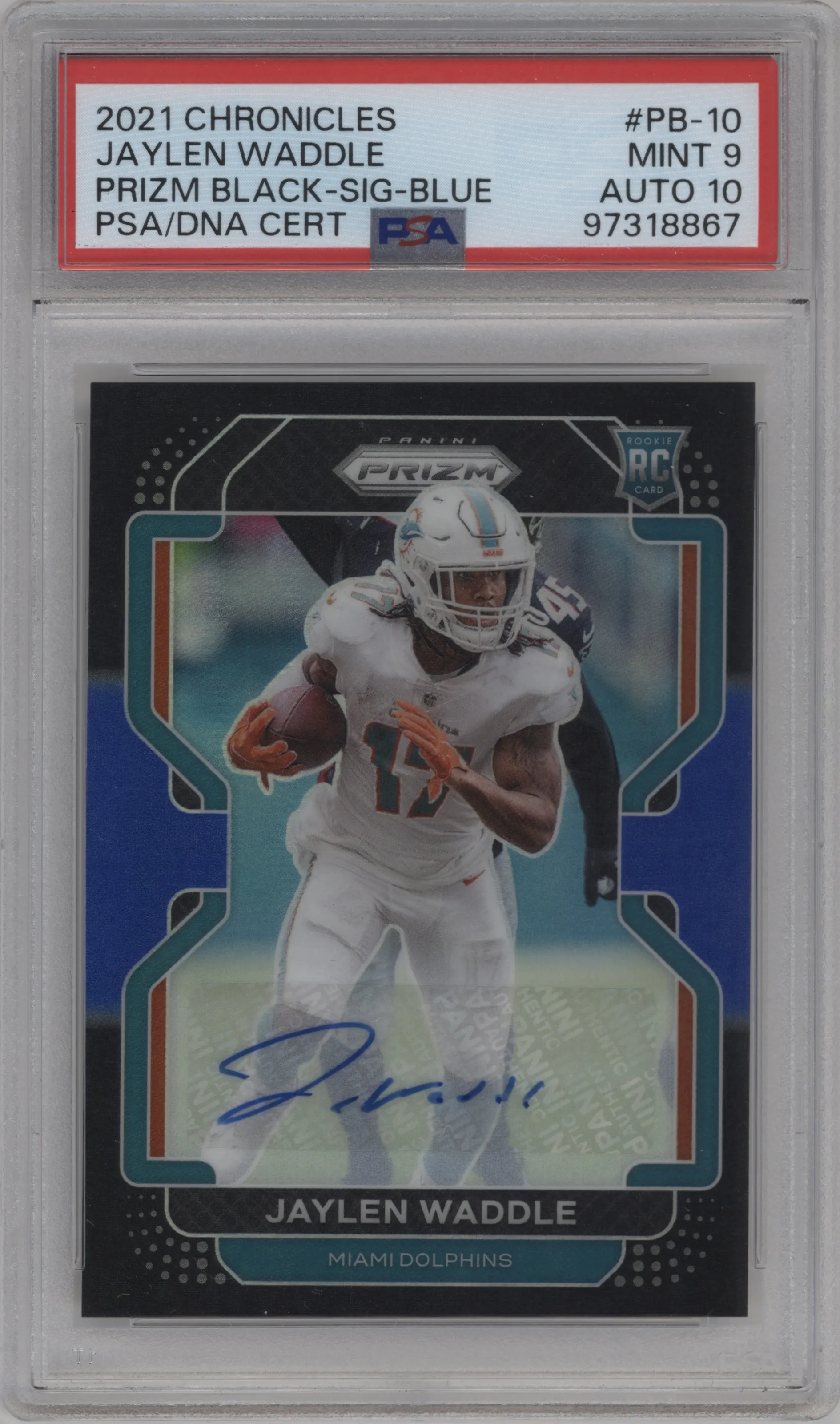 2021 Panini Chronicles Prizm Black Sig. Jaylen Waddle Blue #PB-10 PSA 9