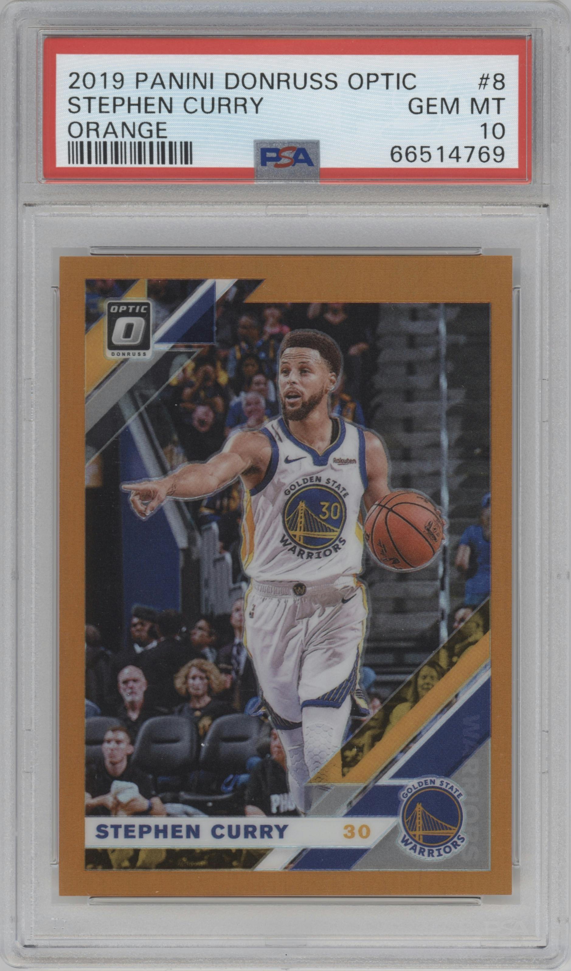 Stephen Curry from the 2019-20 Panini Donruss Optic set featuring a Orange parallel graded by PSA and given an overall grade of 10.