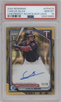 Carlos Silva from the 2024 Bowman set featuring a HTA Gold Lava Refractor parallel graded by PSA and given an overall grade of 10.