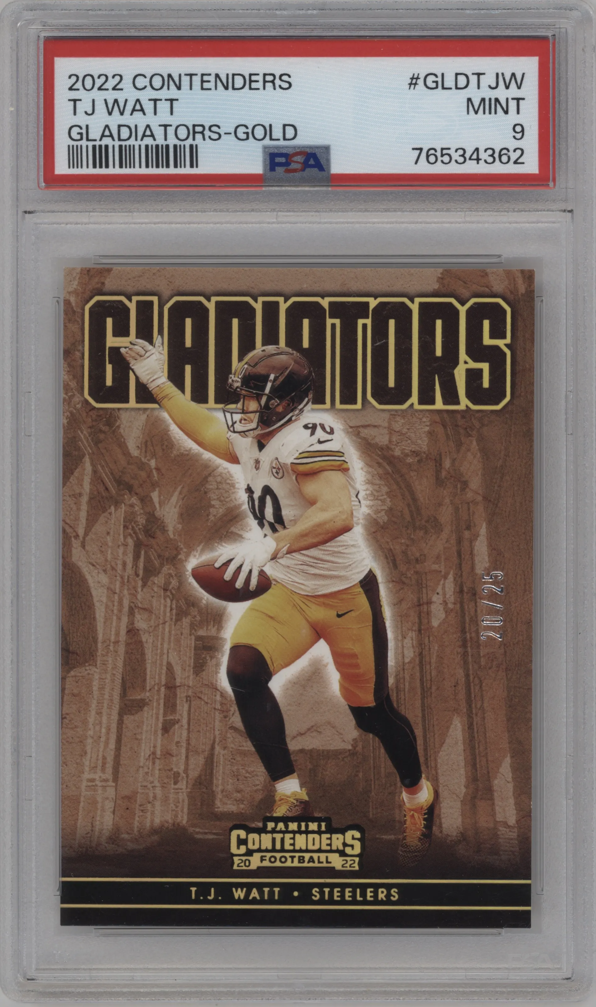 2022 Panini Contenders Gladiators T.J. Watt Gold #GLD-TJW PSA 9