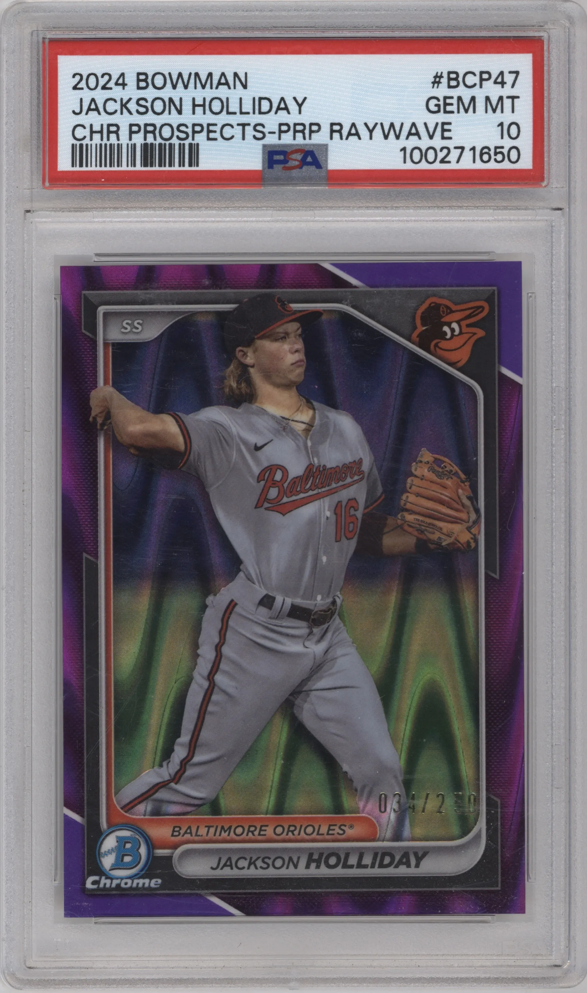 2024 Bowman Chrome Pros. Jackson Holliday Purple Raywave Refractor PSA 10