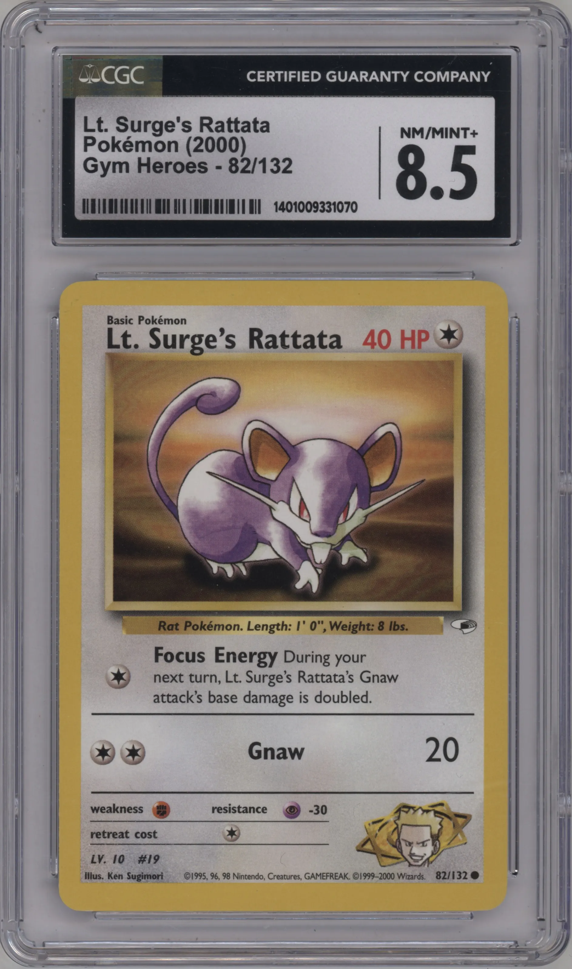2000 Pokemon GH Gym Heroes Lt. Surge's Rattata #82 CGC 8.5