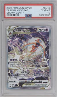 Deoxys VSTAR from the 2023 Pokemon SWSH set graded by PSA and given an overall grade of 10.