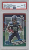 Jaxon Smith-Njigba from the 2023 Panini Donruss set featuring a Red & Green parallel graded by PSA and given an overall grade of 10.