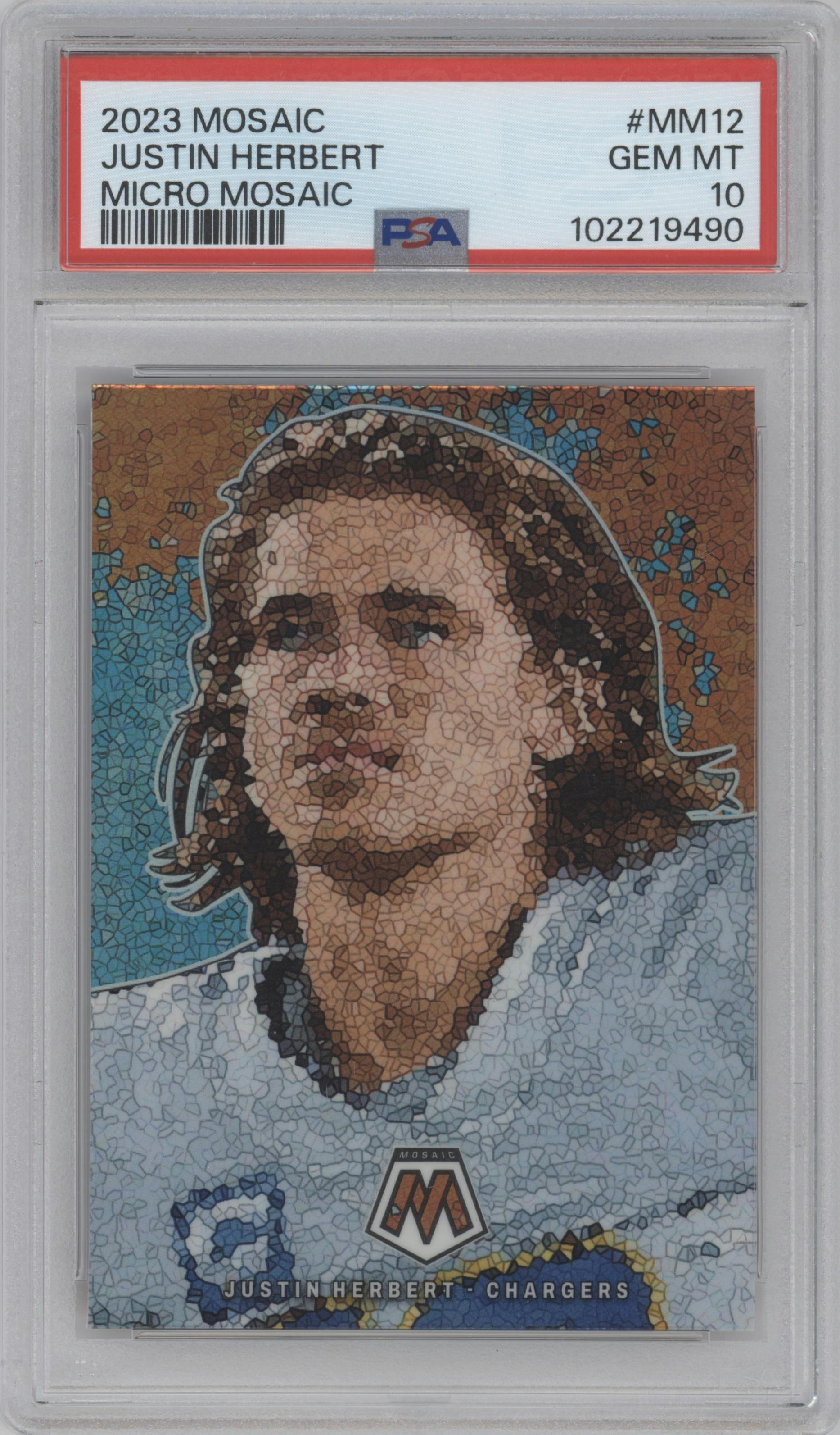 Justin Herbert from the 2023 Panini Mosaic set graded by PSA and given an overall grade of 10.
