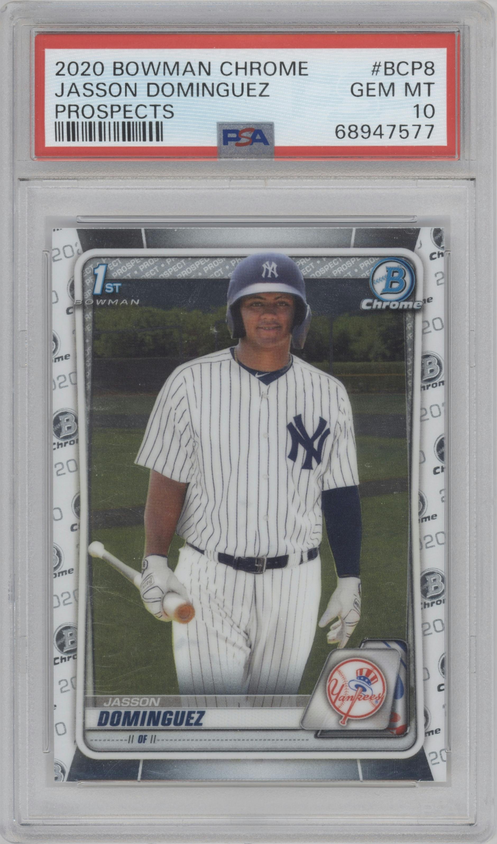 Jasson Dominguez from the 2020 Bowman set graded by PSA and given an overall grade of 10.