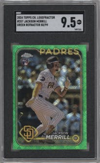 Jackson Merrill from the 2024 Topps Chrome Logofractor set featuring a Green MLB Refractor parallel graded by SGC and given an overall grade of 9.5.