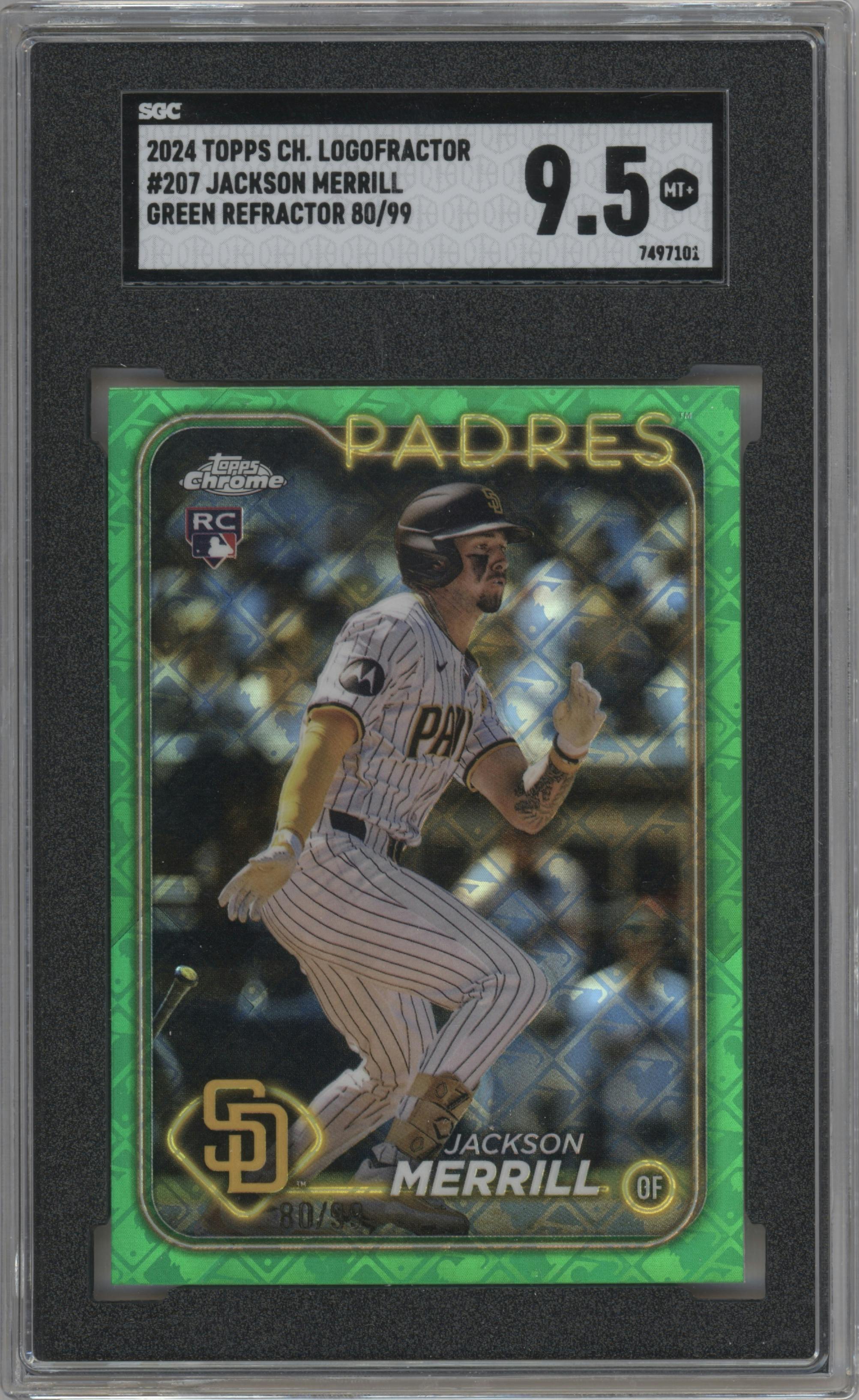 Jackson Merrill from the 2024 Topps Chrome Logofractor set featuring a Green MLB Refractor parallel graded by SGC and given an overall grade of 9.5.