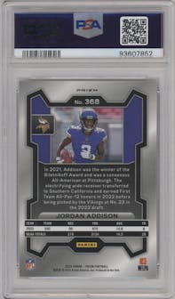 Jordan Addison from the 2023 Panini Prizm set featuring a Green Wave  parallel graded by PSA and given an overall grade of 9.
