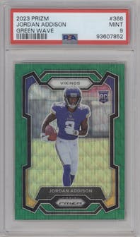 Jordan Addison from the 2023 Panini Prizm set featuring a Green Wave  parallel graded by PSA and given an overall grade of 9.