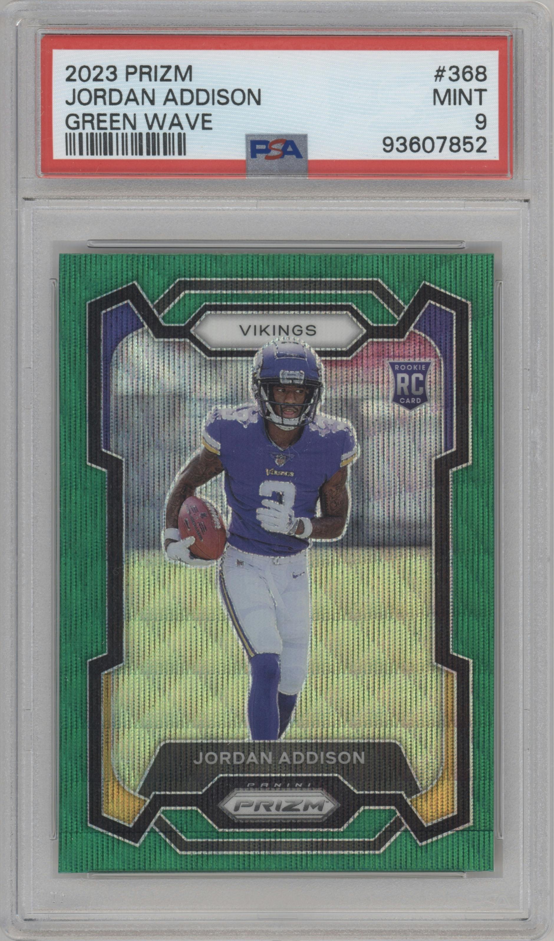 Jordan Addison from the 2023 Panini Prizm set featuring a Green Wave  parallel graded by PSA and given an overall grade of 9.