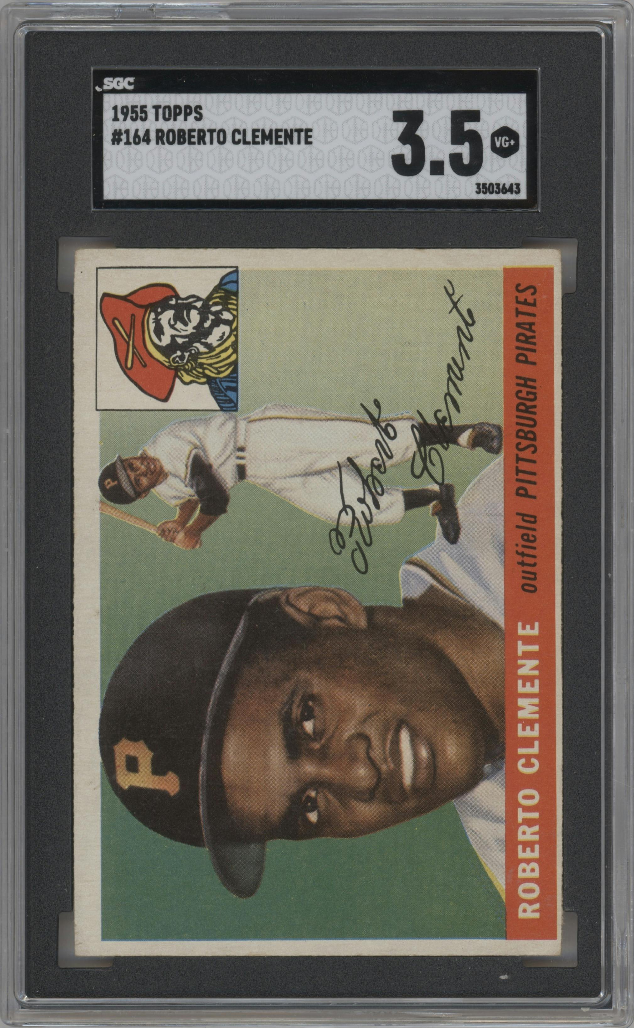 Roberto Clemente from the 1955 Topps set graded by SGC and given an overall grade of 3.5.