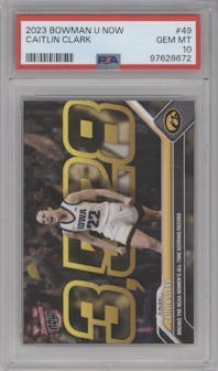 Caitlin Clark from the 2023-24 Bowman U Now set graded by PSA and given an overall grade of 10.