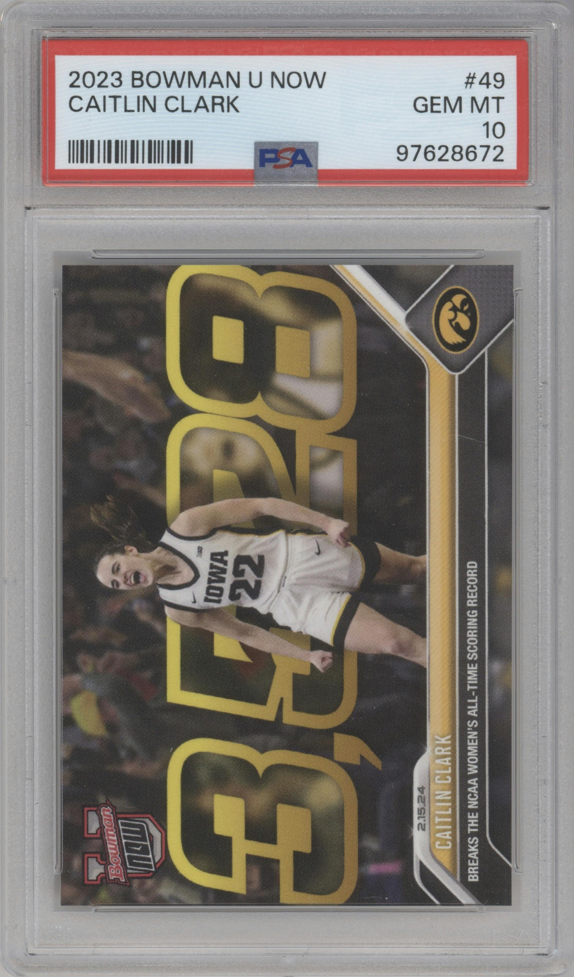 Caitlin Clark from the 2023-24 Bowman U Now set graded by PSA and given an overall grade of 10.