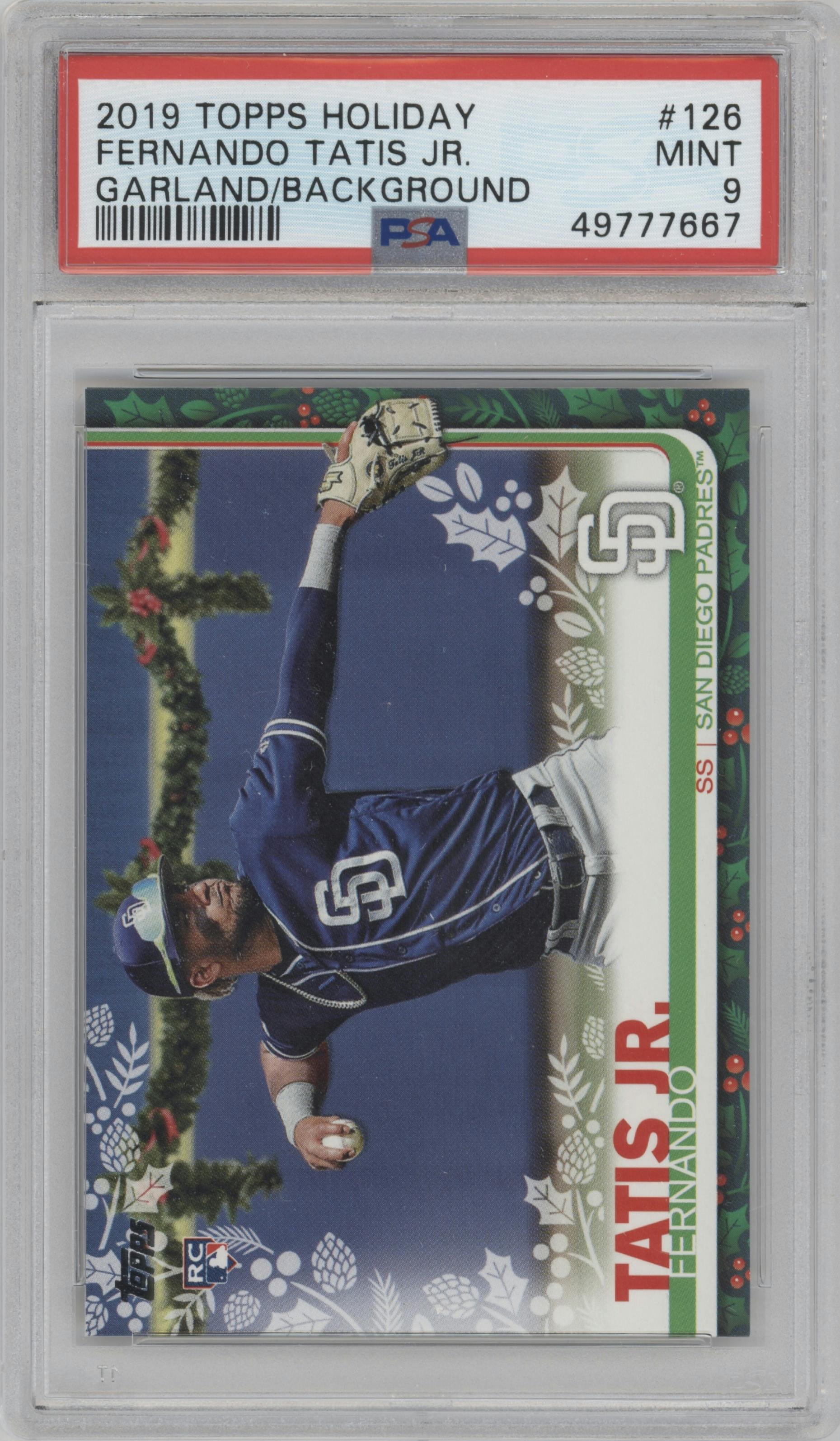 Fernando Tatis Jr. from the 2019 Topps Holiday set graded by PSA and given an overall grade of 9.