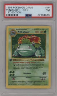 Venusaur from the 1999 Pokemon set graded by PSA and given an overall grade of 7.