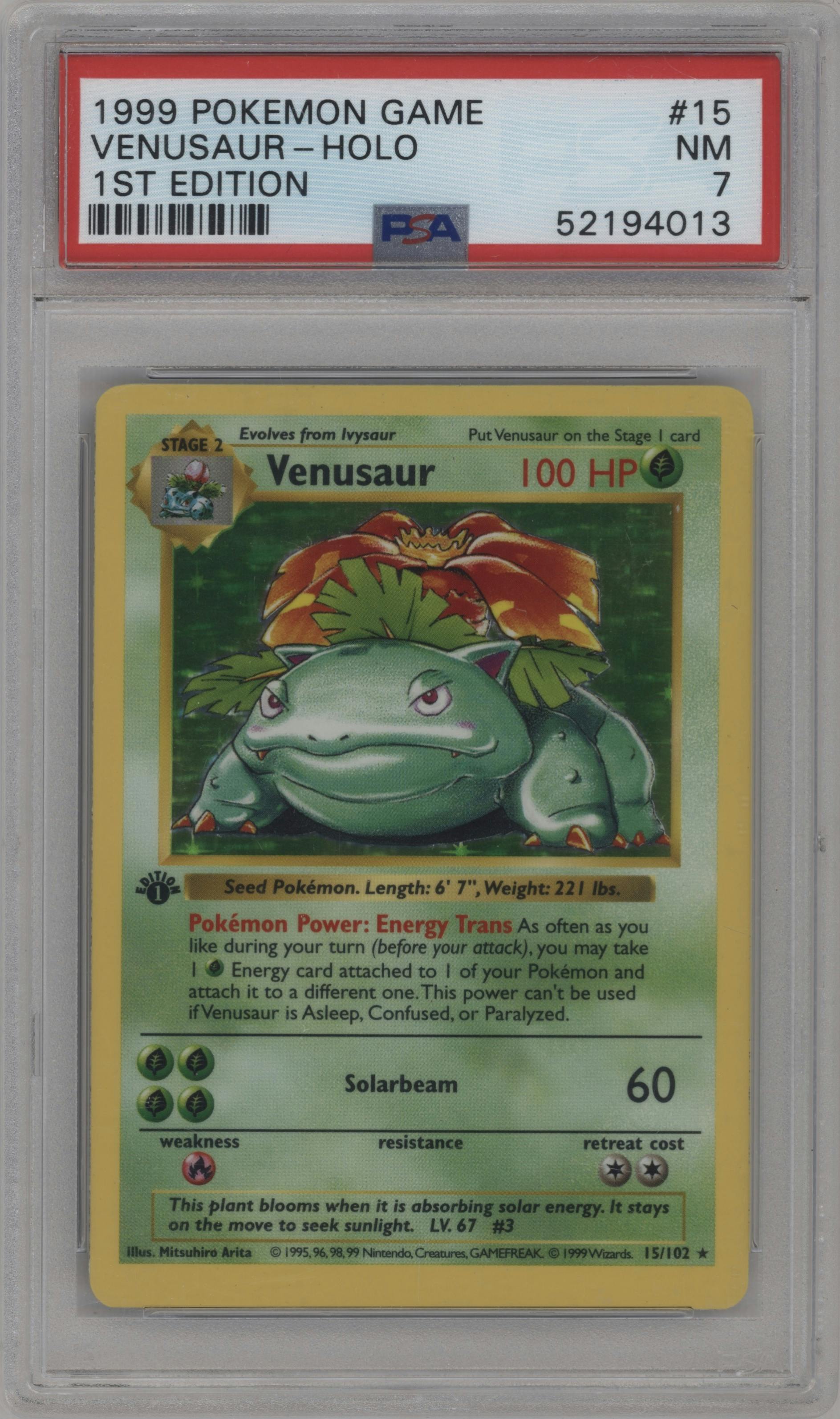 Venusaur from the 1999 Pokemon set graded by PSA and given an overall grade of 7.
