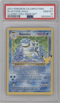 Blastoise from the 2021 Pokemon SWSH set featuring a Base Set parallel graded by PSA and given an overall grade of 10.