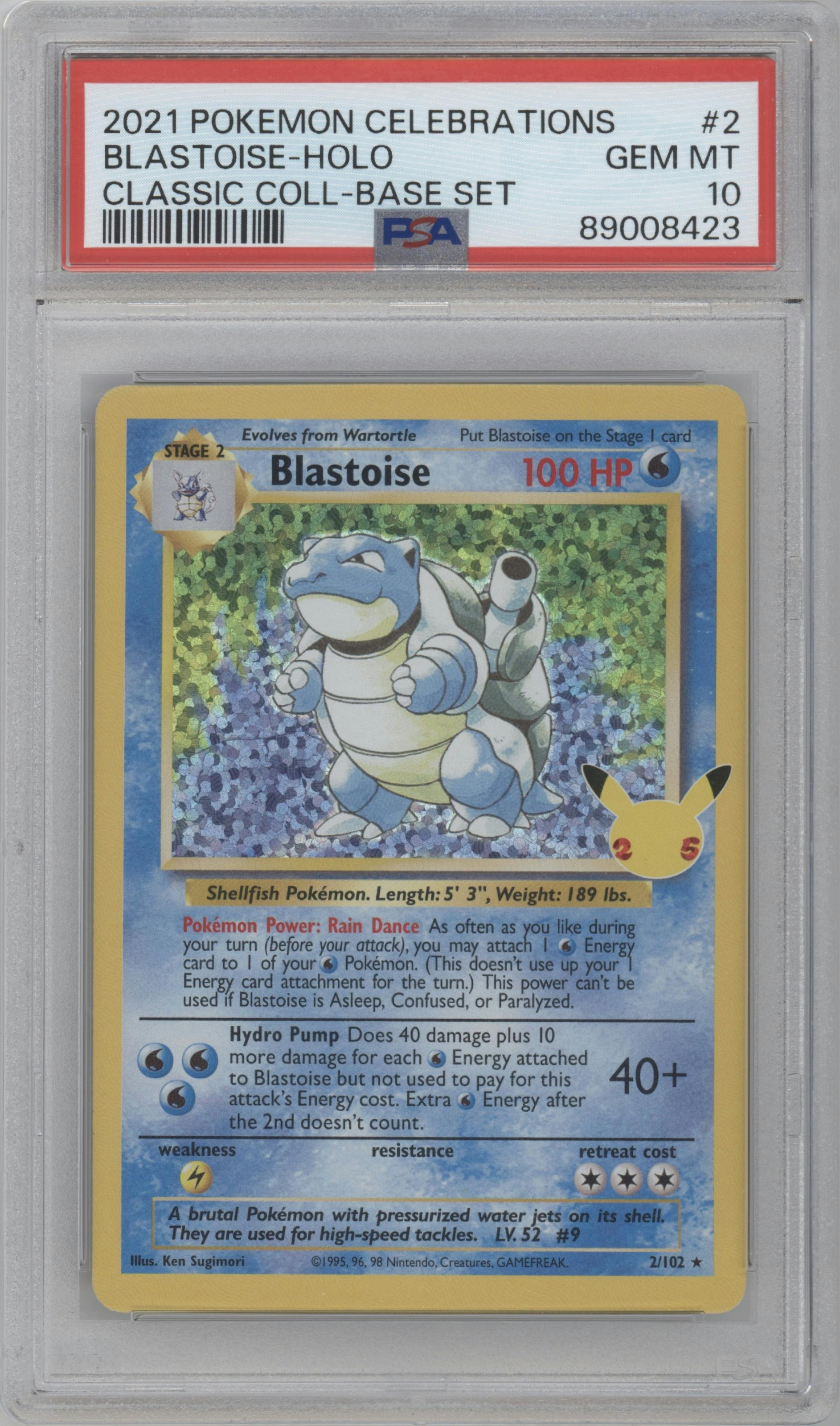 Blastoise from the 2021 Pokemon SWSH set featuring a Base Set parallel graded by PSA and given an overall grade of 10.