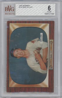 Bob Feller from the 1955 Bowman set graded by Beckett and given an overall grade of 6.