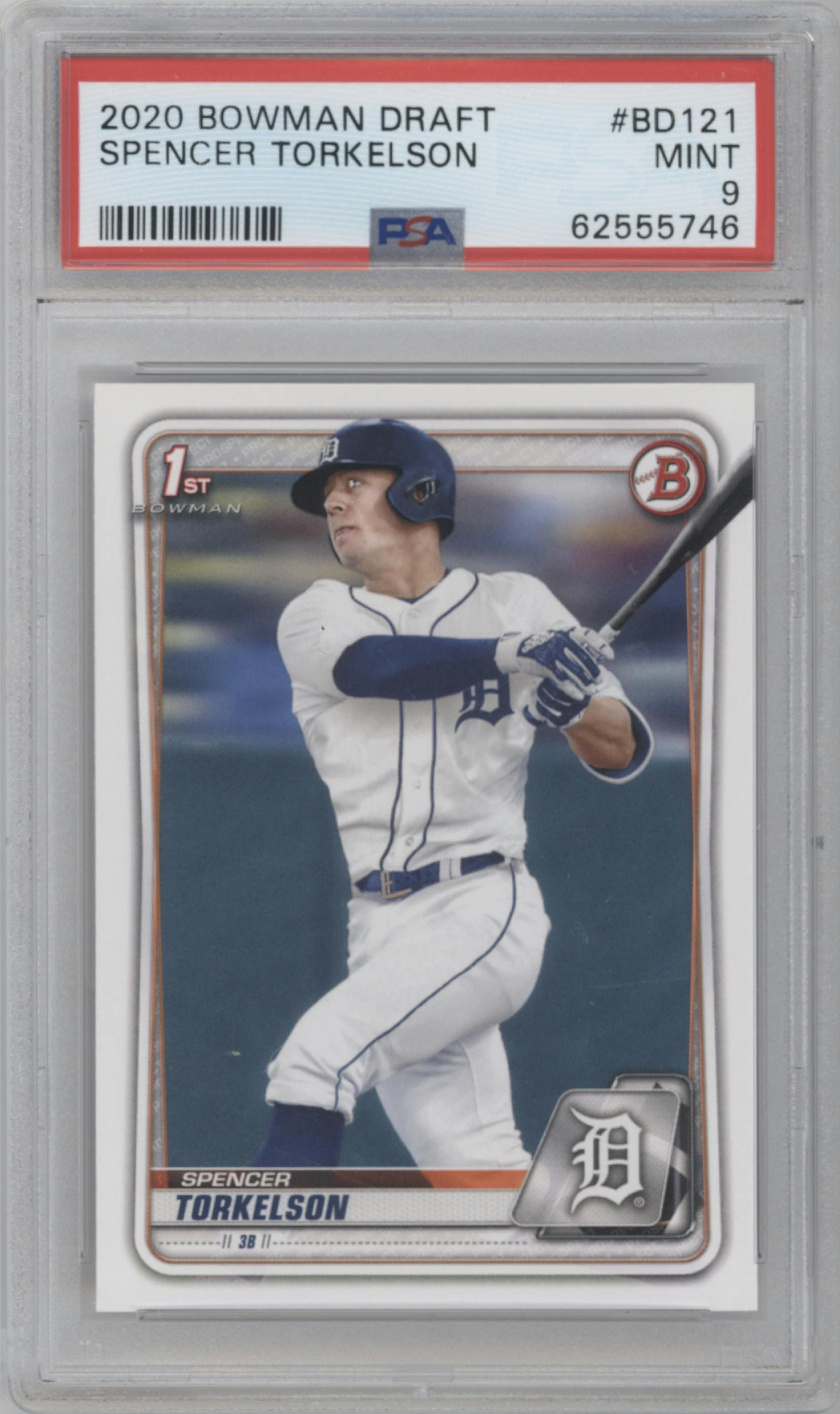 Spencer Torkelson from the 2020 Bowman Draft set graded by PSA and given an overall grade of 9.