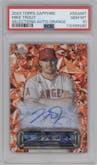 Mike Trout from the 2024 Topps Chrome Sapphire set featuring a Orange Sapphire parallel graded by PSA and given an overall grade of 10.