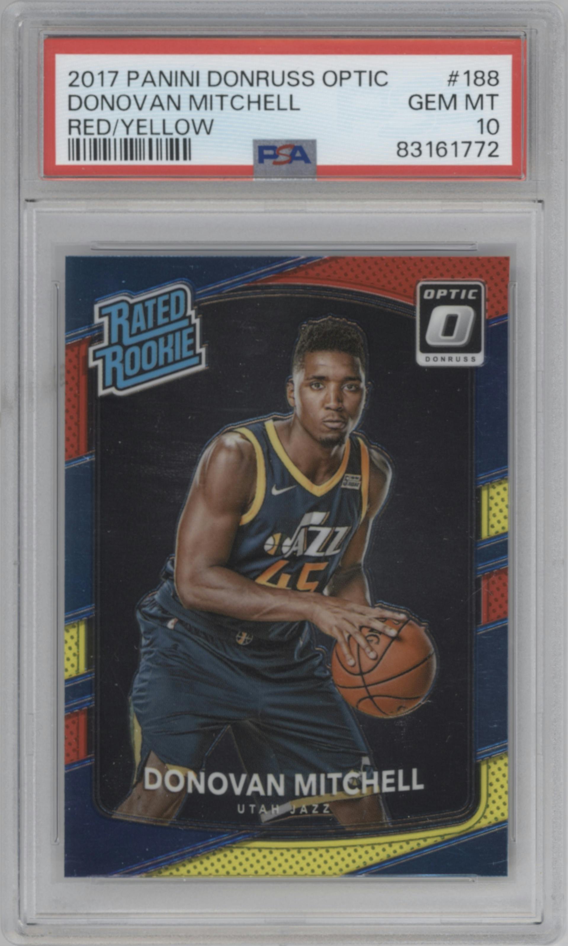 Donovan Mitchell from the 2017-18 Panini Donruss Optic set featuring a Red/Yellow  parallel graded by PSA and given an overall grade of 10.