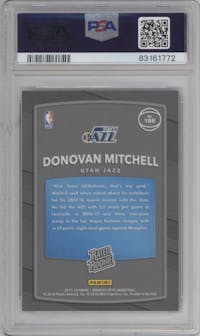 Donovan Mitchell from the 2017-18 Panini Donruss Optic set featuring a Red/Yellow  parallel graded by PSA and given an overall grade of 10.