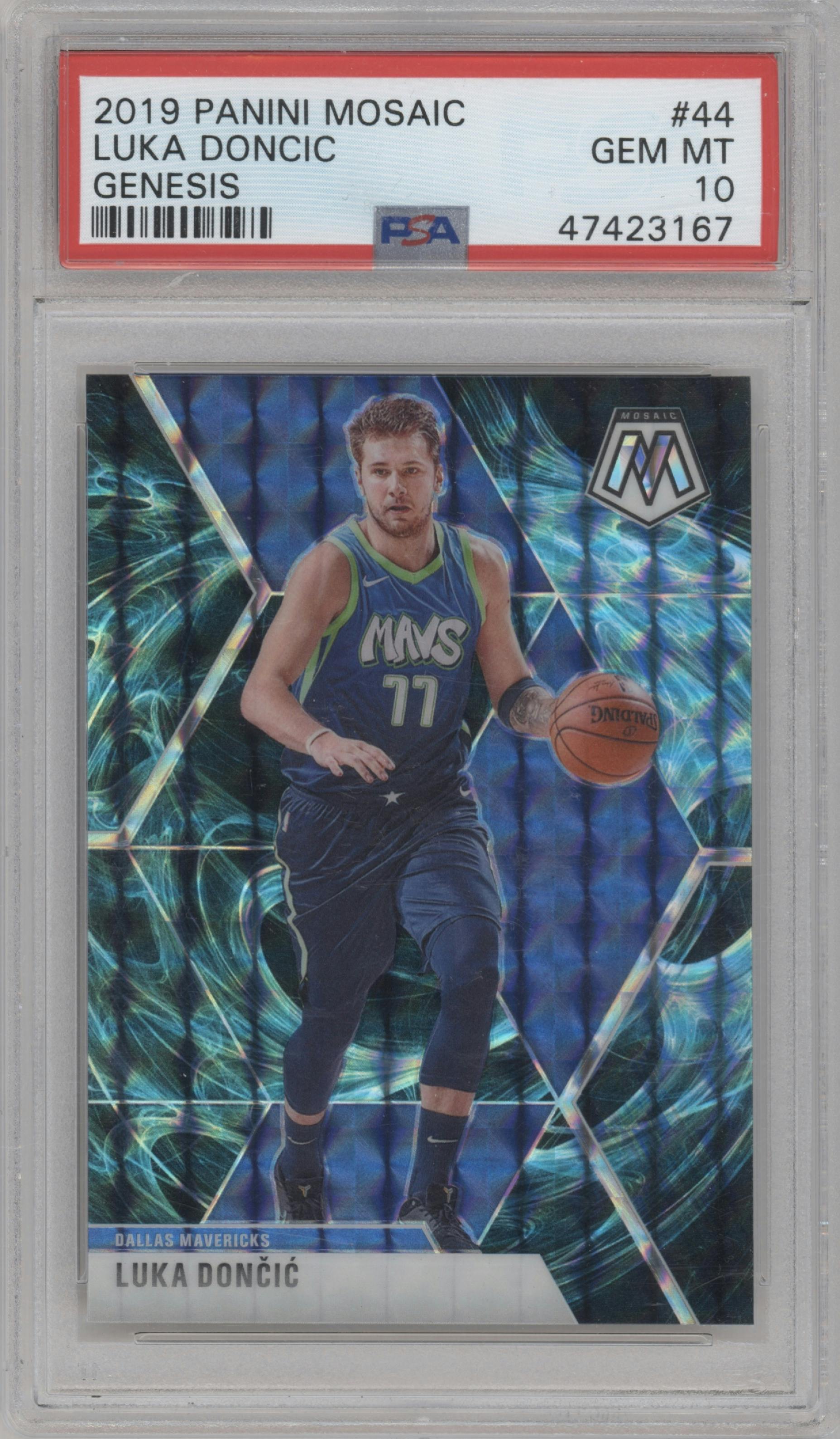 Luka Doncic from the 2019-20 Panini Mosaic  set featuring a Genesis parallel graded by PSA and given an overall grade of 10.