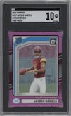 Jayden Daniels from the 2024 Donruss set featuring a Pink parallel graded by SGC and given an overall grade of 10.