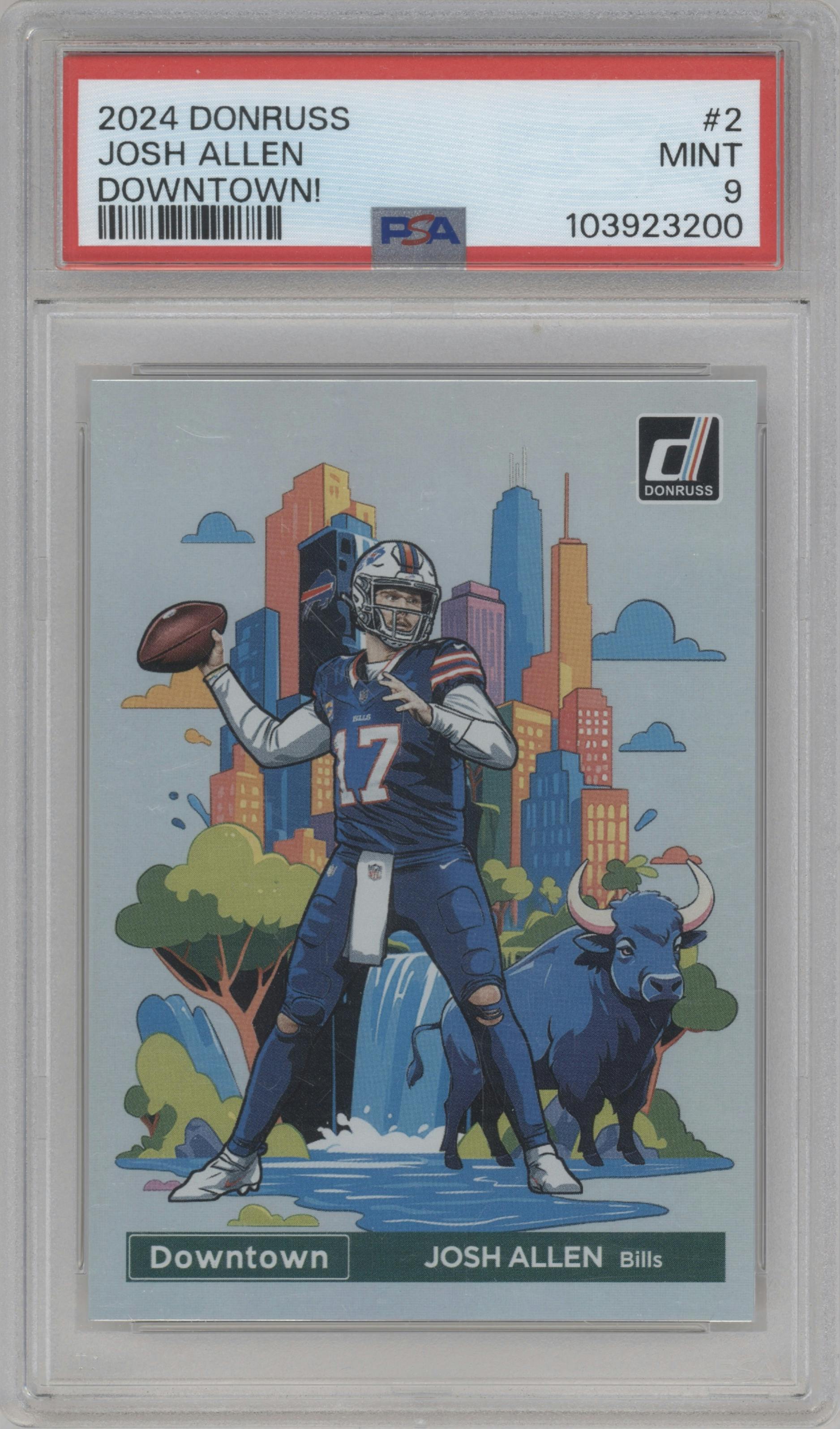 Josh Allen from the 2024 Donruss set graded by PSA and given an overall grade of 9.