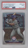 Wyatt Langford from the 2023 Bowman Draft set featuring a Refractor parallel graded by PSA and given an overall grade of 9.