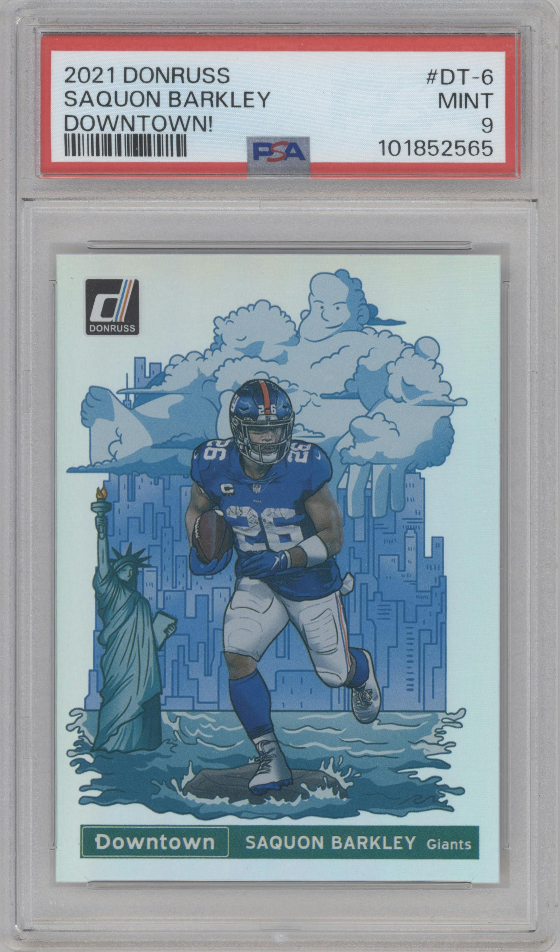 Saquon Barkley from the 2021 Panini Donruss set graded by PSA and given an overall grade of 9.